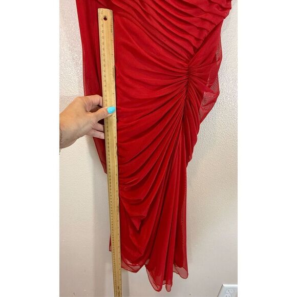 Tadashi Shoji Red Asymmetrical Ruched Mesh Draped Dress Women's XS - Picture 7 of 10